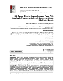 GIS-Based Climate Change Induced Flood Risk Mapping in Uhunmwonde Local Government Area, Edo State, Nigeria