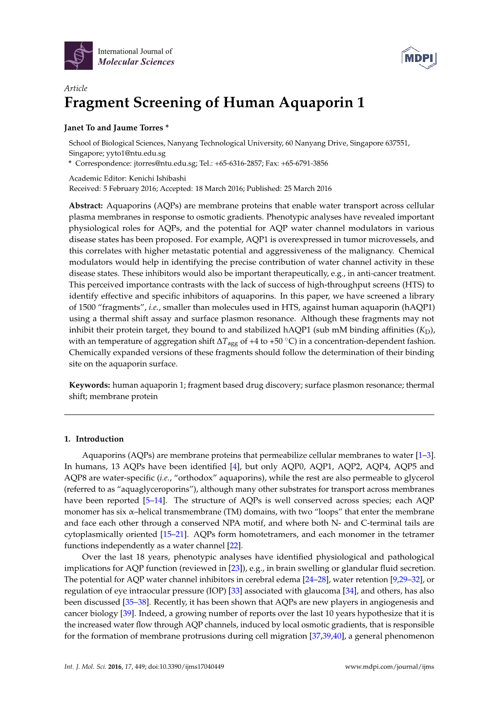 Fragment Screening of Human Aquaporin 1