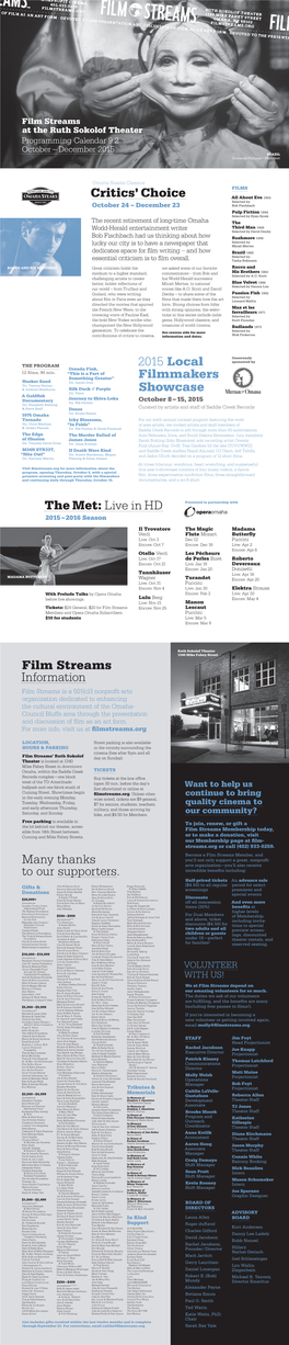 Many Thanks to Our Supporters. Film Streams Information Critics' Choice
