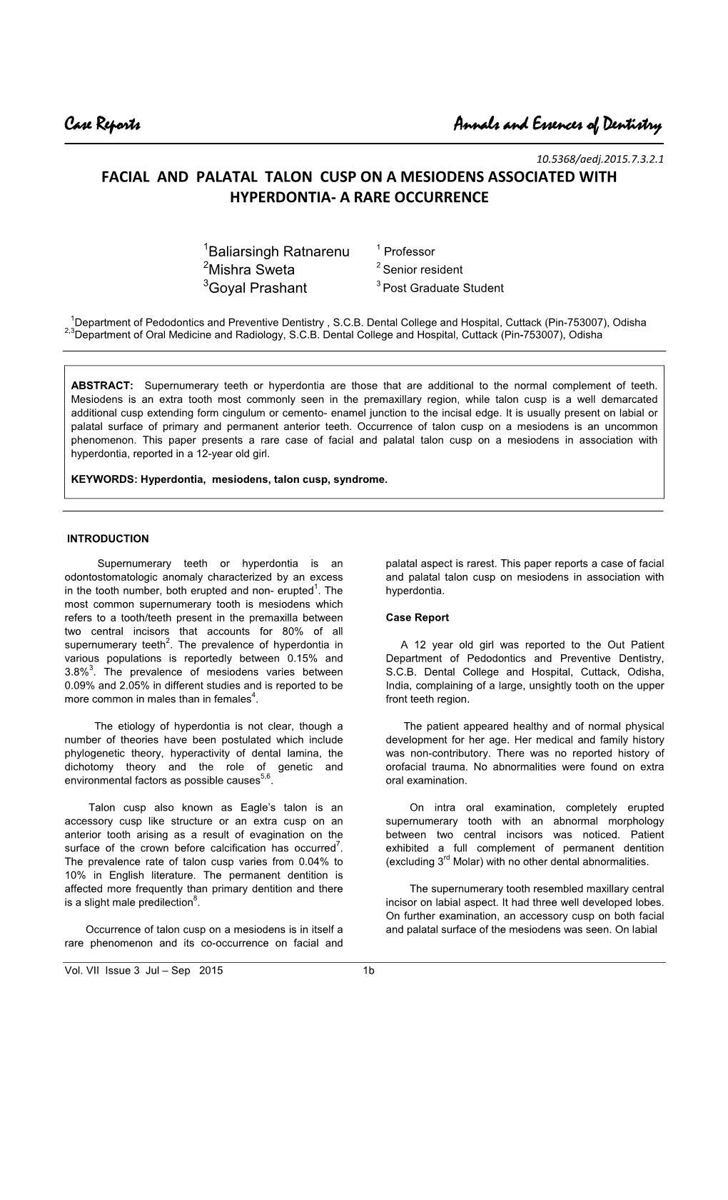 Case Reports Annals and Essences of Dentistry