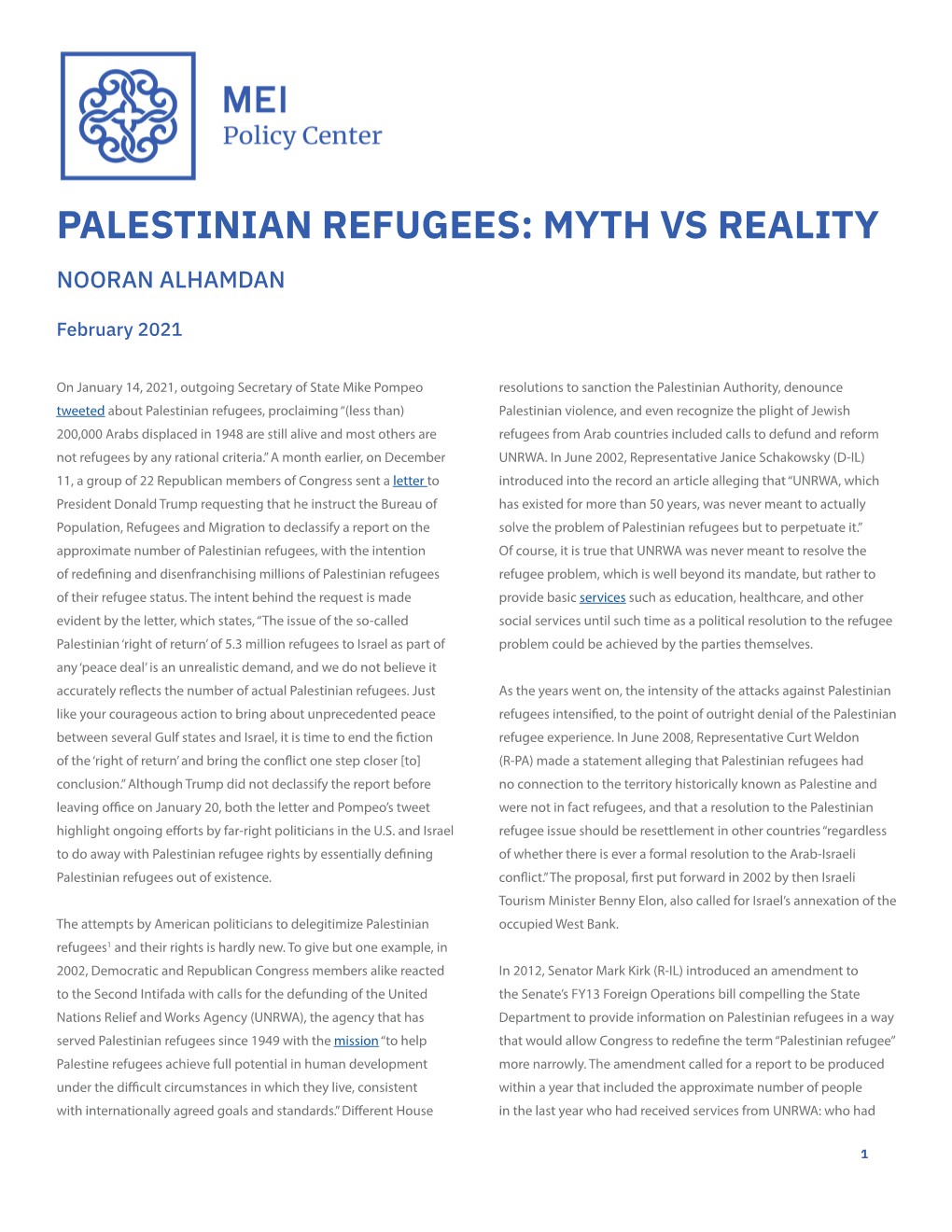 Palestinian Refugees: Myth Vs Reality Nooran Alhamdan