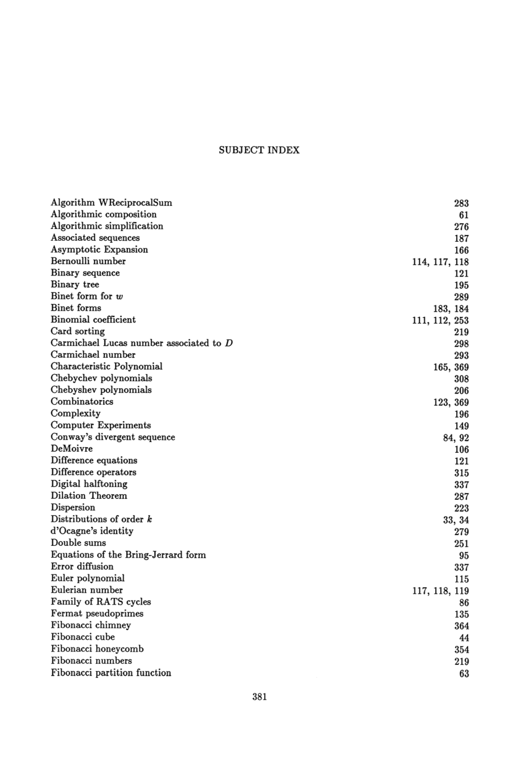 SUBJECT INDEX Algorithm Wreciprocalsum Algorithmic Composition Algorithmic Simplffication Associated Sequences Asymptotic Expans