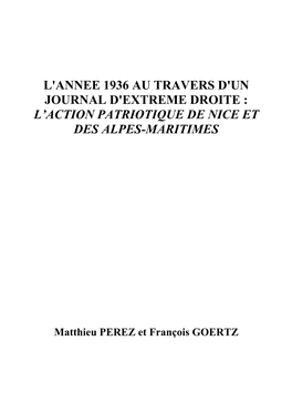 L'annee 1936 Au Travers D'un Journal D'extreme Droite : L’Action Patriotique De Nice Et Des Alpes-Maritimes