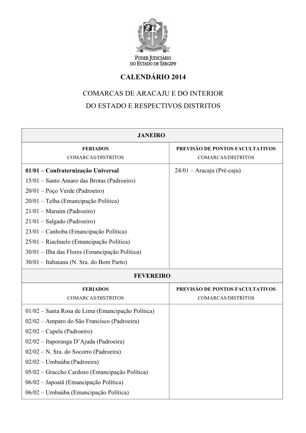 Calendário 2014