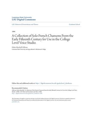 A Collection of Solo French Chansons from the Early Fifteenth Century for Use in the College Level Voice Studio