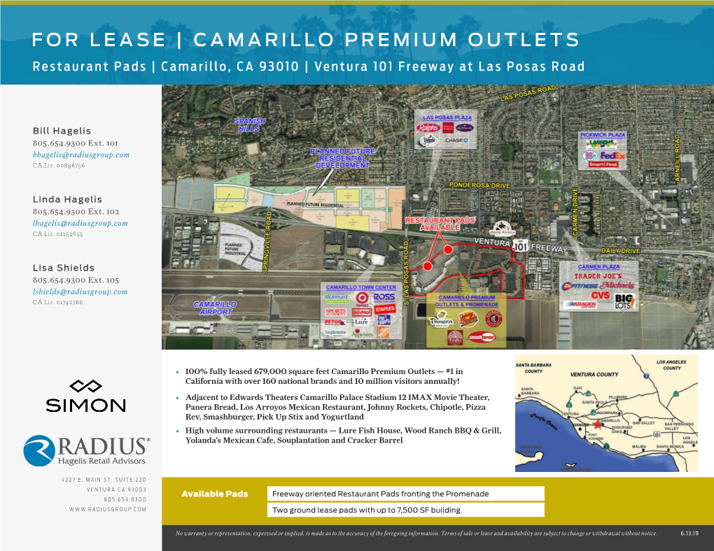 FOR LEASE | CAMARILLO PREMIUM OUTLETS Restaurant Pads | Camarillo, CA 93010 | Ventura 101 Freeway at Las Posas Road