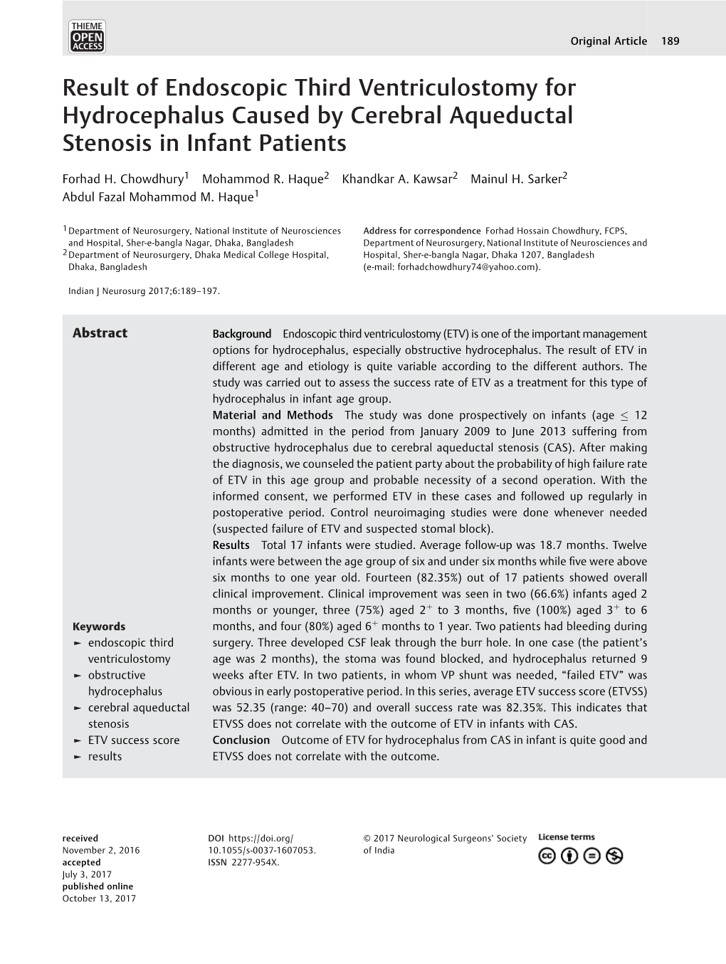 Result of Endoscopic Third Ventriculostomy for Hydrocephalus Caused by Cerebral Aqueductal Stenosis in Infant Patients