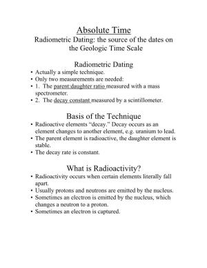 Absolute Time Radiometric Dating: the Source of the Dates on the Geologic Time Scale
