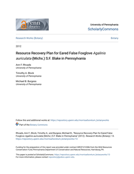 Resource Recovery Plan for Eared False Foxglove Agalinis Auriculata (Michx.) S.F