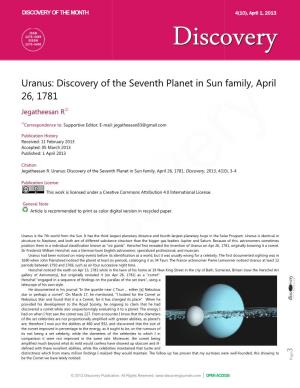 Uranus: Discovery of the Seventh Planet in Sun Family, April 26, 1781