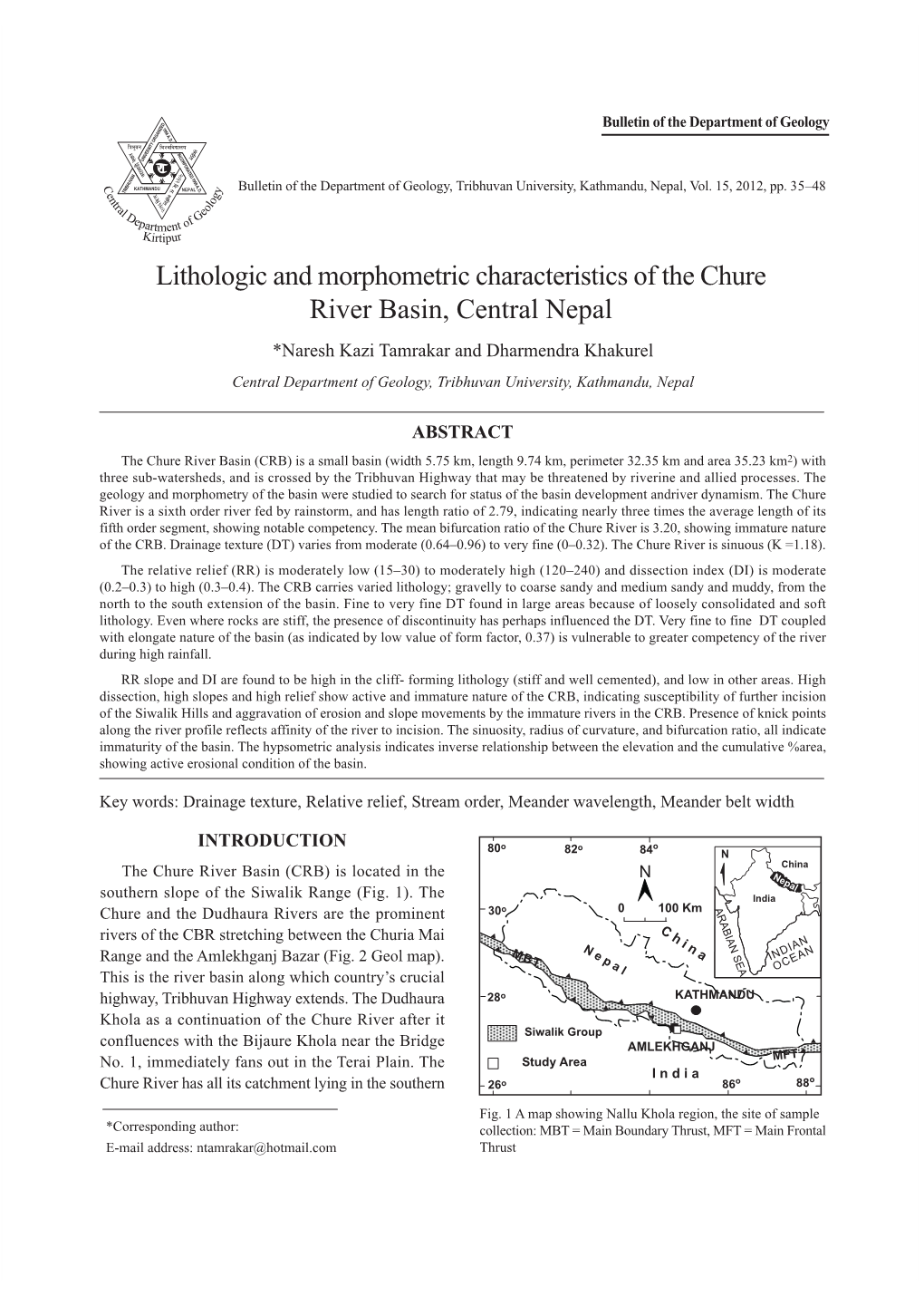 Lithologic and Morphometric Characteristics of the Chure River Basin, Central Nepal