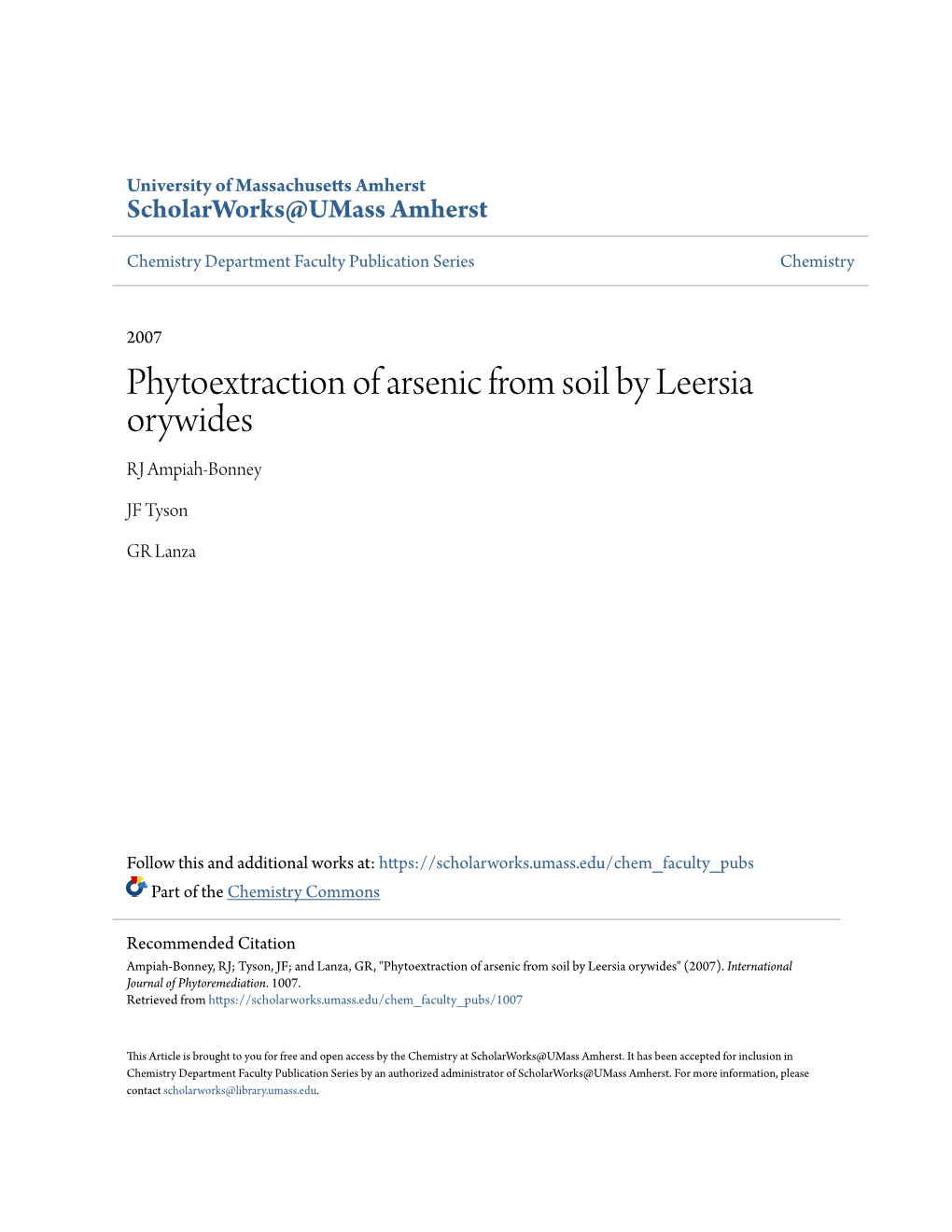 Phytoextraction of Arsenic from Soil by Leersia Orywides RJ Ampiah-Bonney