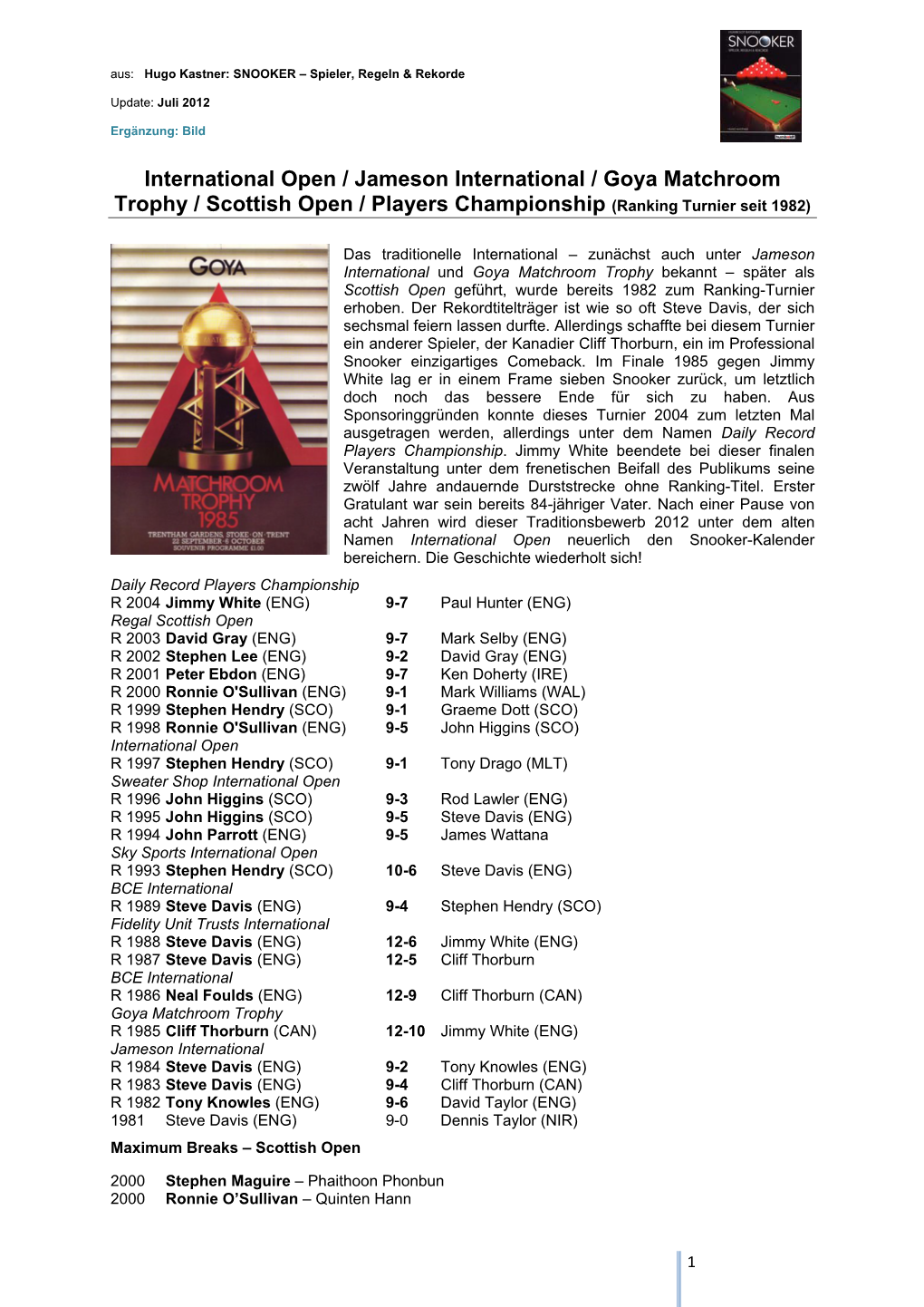 International Open / Jameson International / Goya Matchroom Trophy / Scottish Open / Players Championship (Ranking Turnier Seit 1982)