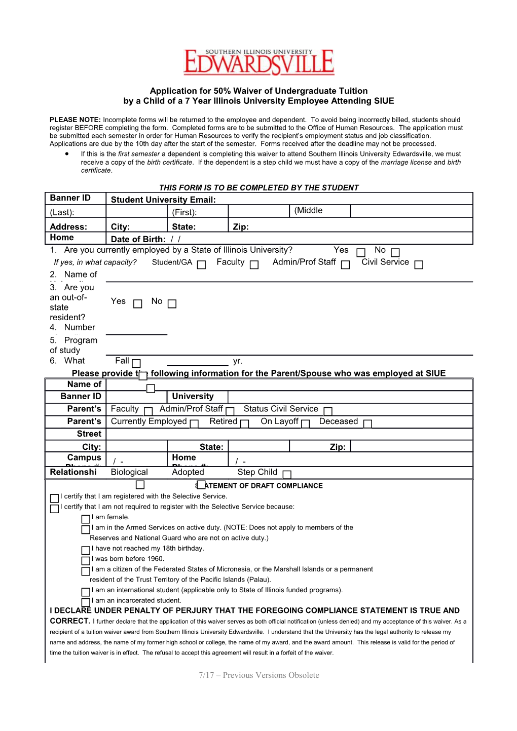 Application for 50% Waiver of Undergraduate Tuition