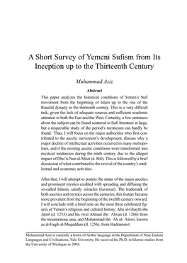 A Short Survey of Yemeni Sufism from Its Inception up to the Thirteenth Century