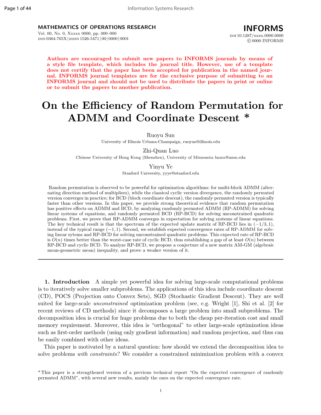 On the Efficiency of Random Permutation for ADMM And