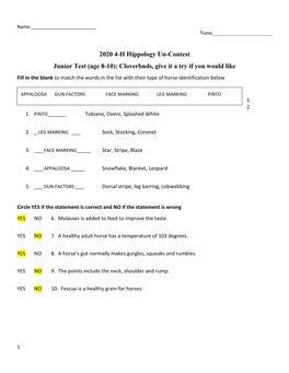2020 4-H Hippology Un-Contest Junior Test (Age 8-10)