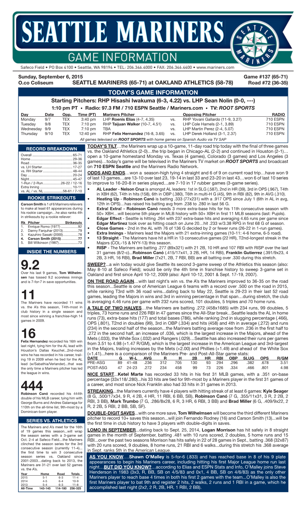 09-06-2015 Mariners Game Notes