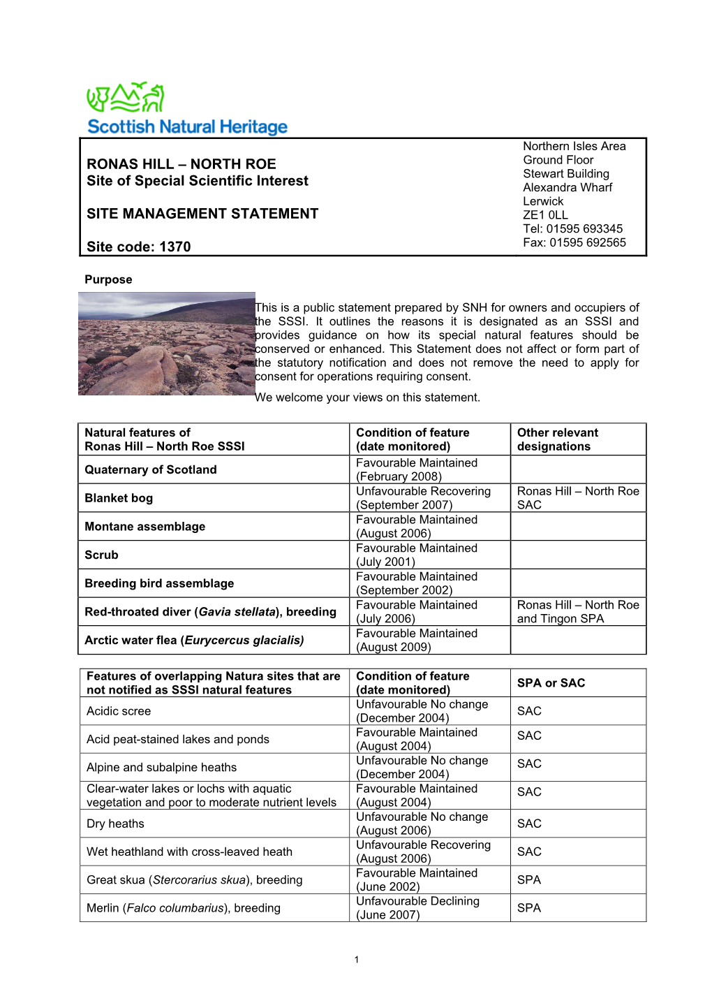 RONAS HILL – NORTH ROE Site of Special Scientific Interest SITE