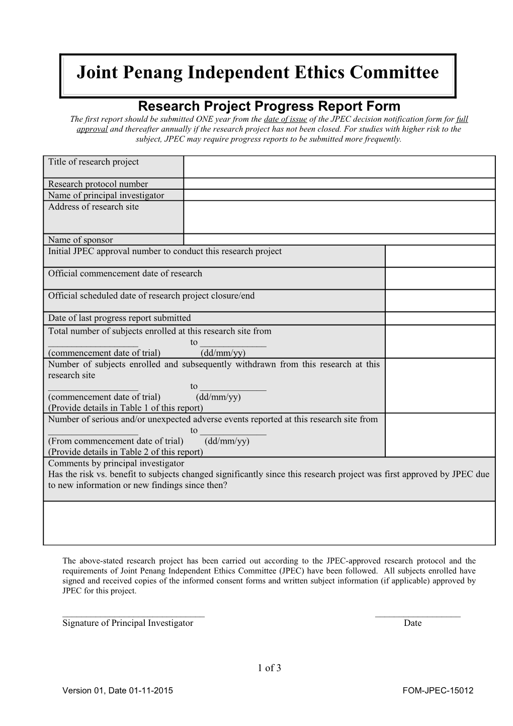 Research Project Progress Report Form