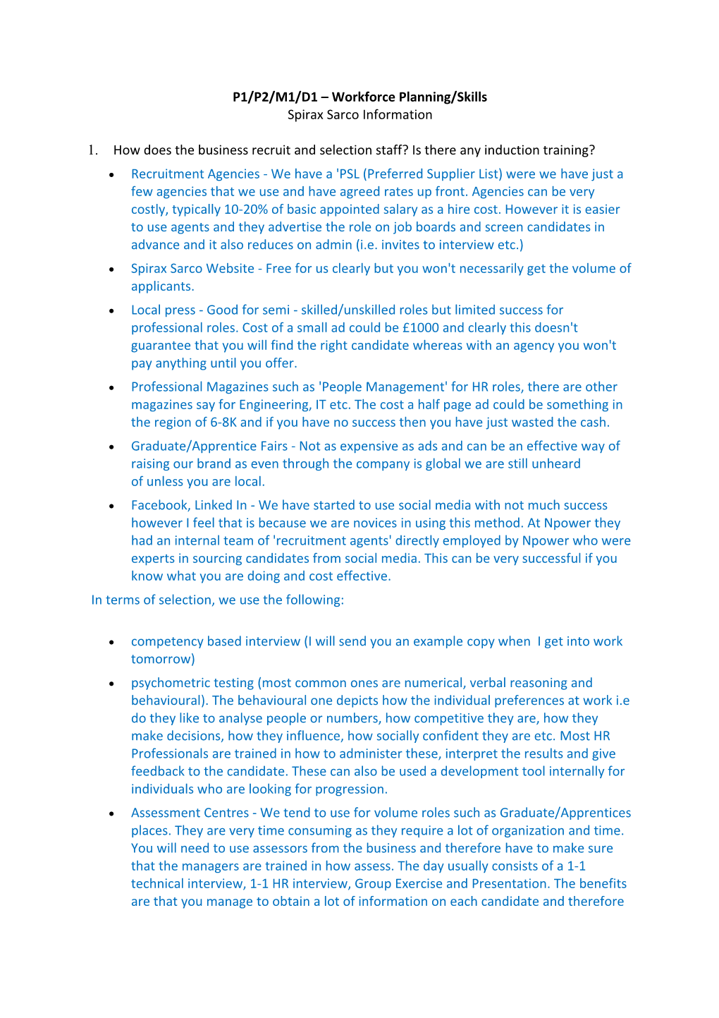 P1/P2/M1/D1 Workforce Planning/Skills