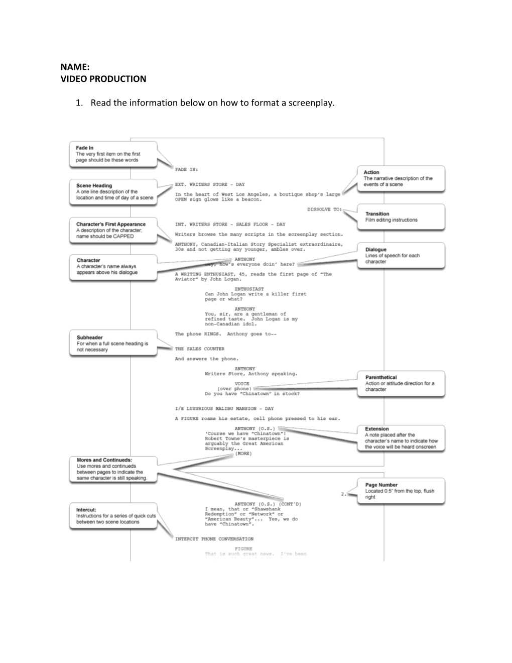 NAME: VIDEO PRODUCTION 1. Read the Information Below on How to Format a Screenplay