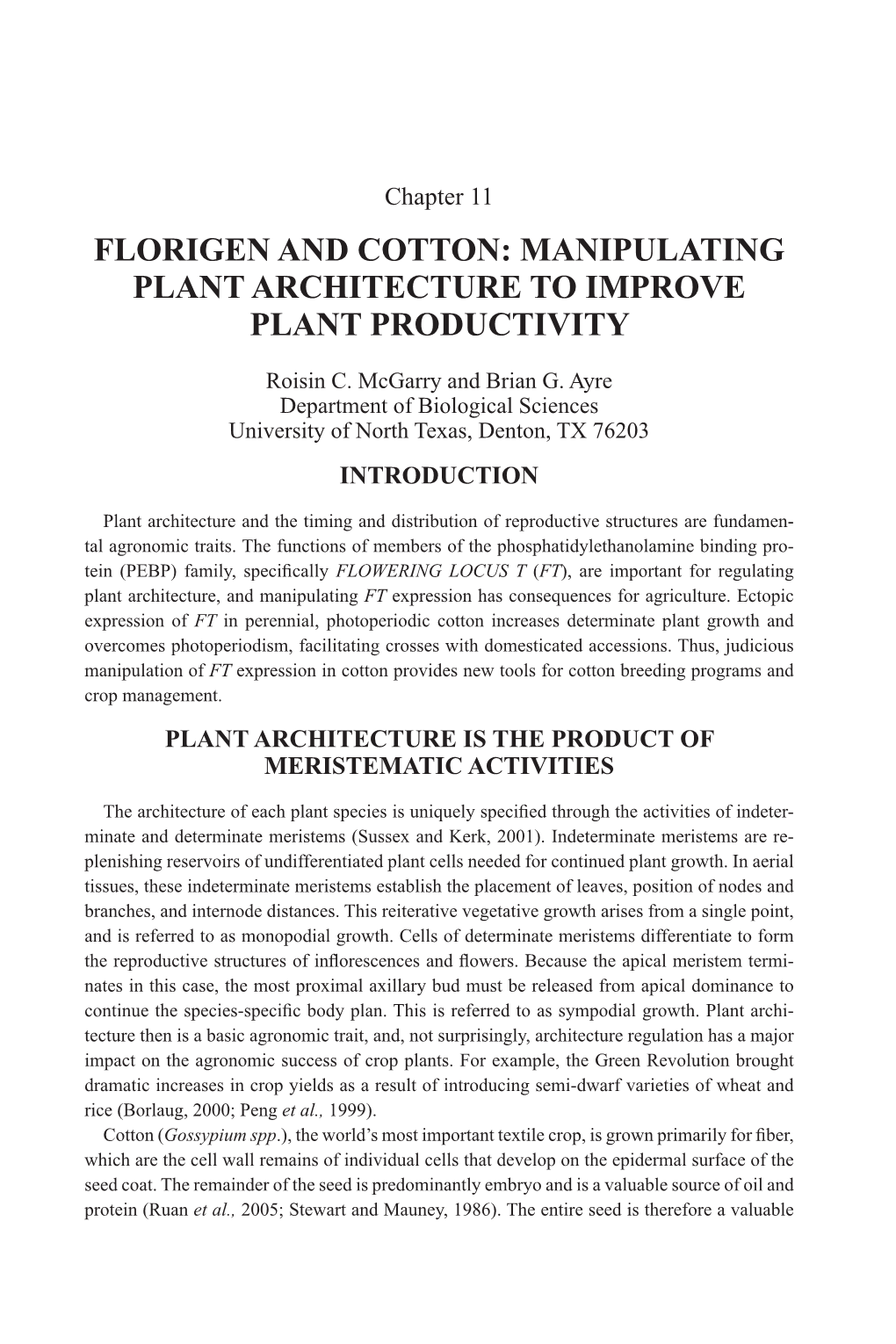 Florigen and Cotton: Manipulating Plant Architecture to Improve Plant Productivity