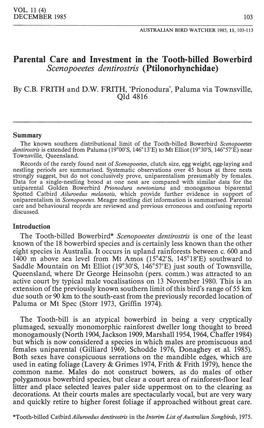 Parental Care and Investment in the Tooth-Billed Bowerbird Scenopoeetes Dentirostris (Ptilonorhynchidae)