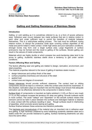 Galling and Galling Resistance of Stainless Steels