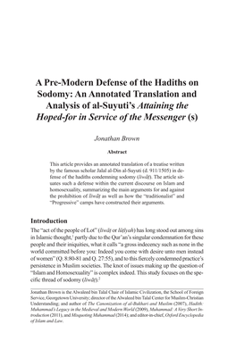 A Pre-Modern Defense of the Hadiths on Sodomy: an Annotated Translation and Analysis of Al-Suyuti's Attaining the Hoped-For In