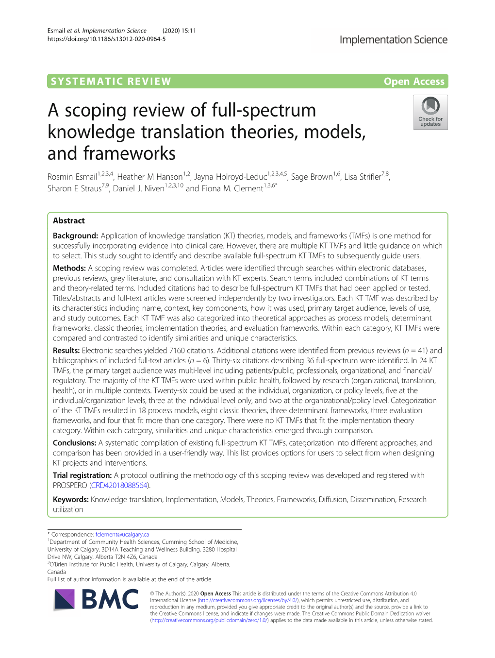 A Scoping Review of Full-Spectrum Knowledge Translation Theories, Models, and Frameworks