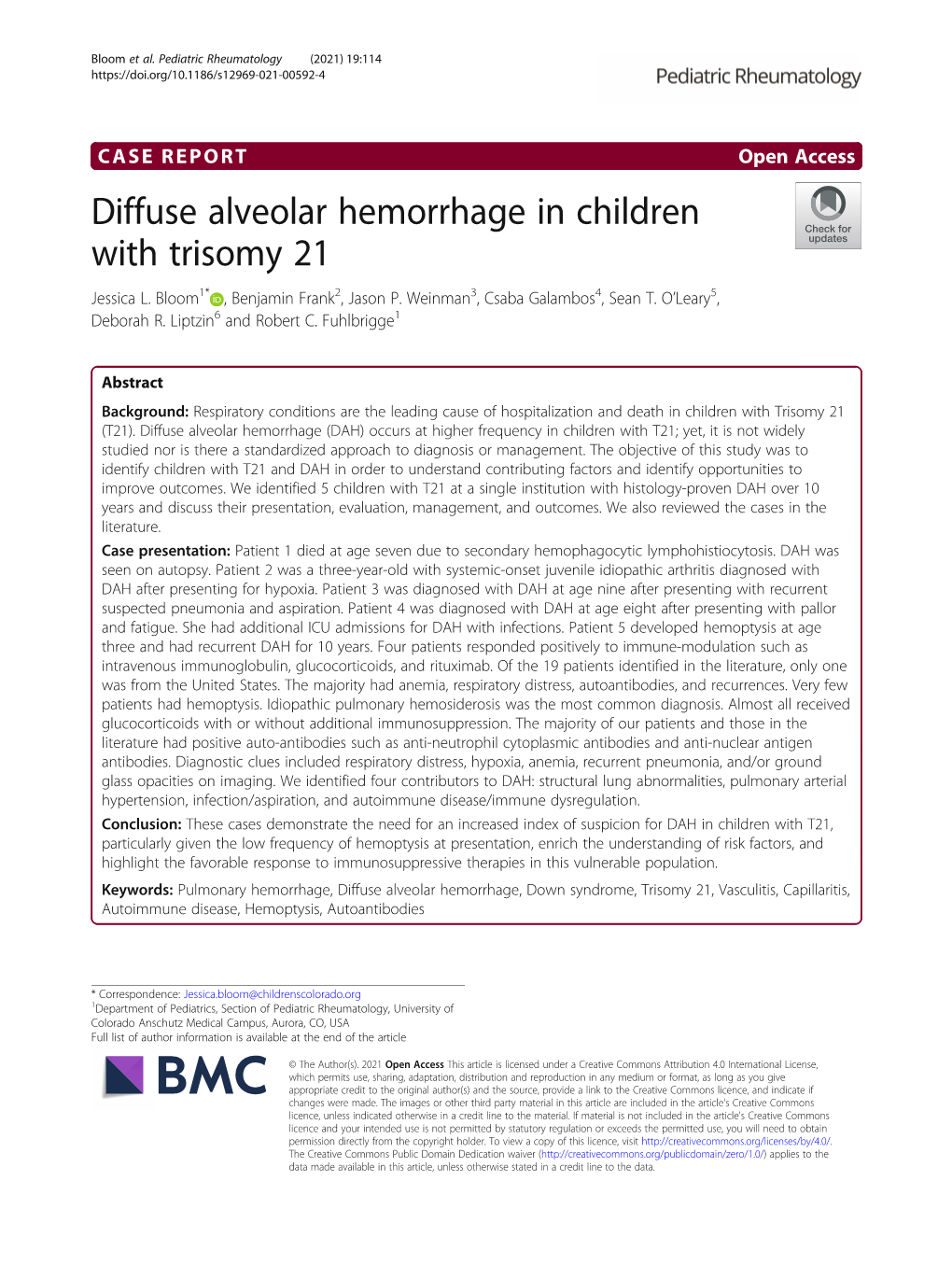 Diffuse Alveolar Hemorrhage in Children with Trisomy 21 Jessica L