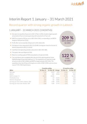 Interim Report 1 January – 31 March 2021 Record Quarter with Strong Organic Growth in Labtech