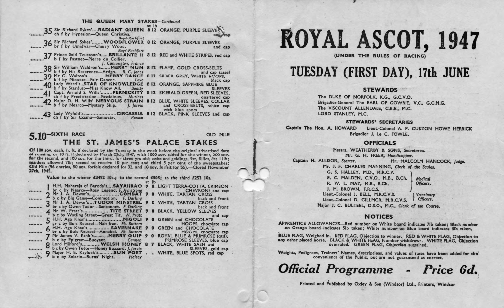 ROYAL ASCOT, 1947 07 Prince Said Toussoun's ERILLANTE Ii 8 12 RED and WHITE STRIPES, Red Cap (UNDER the RULES of RACING)