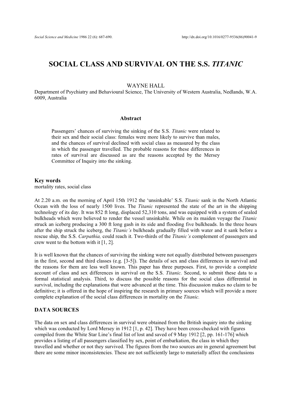 Social Class and Survival on the S.S. Titanic