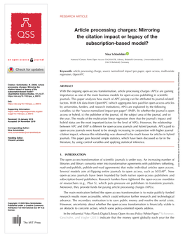 Article Processing Charges: Mirroring the Citation Impact Or Legacy of the Subscription-Based Model?