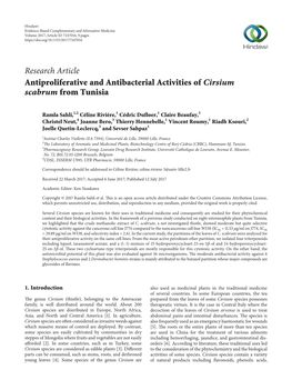 Research Article Antiproliferative and Antibacterial Activities of Cirsium Scabrum from Tunisia
