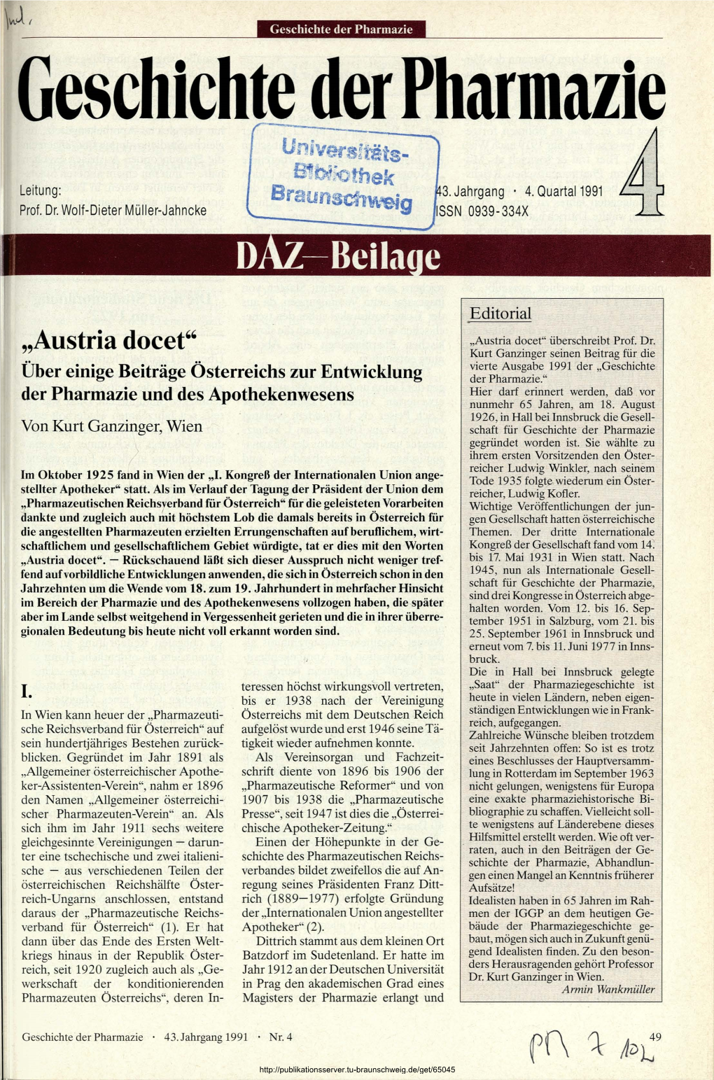 Geschichte Der Pharmazie 43. Jahrgang 1991, 4