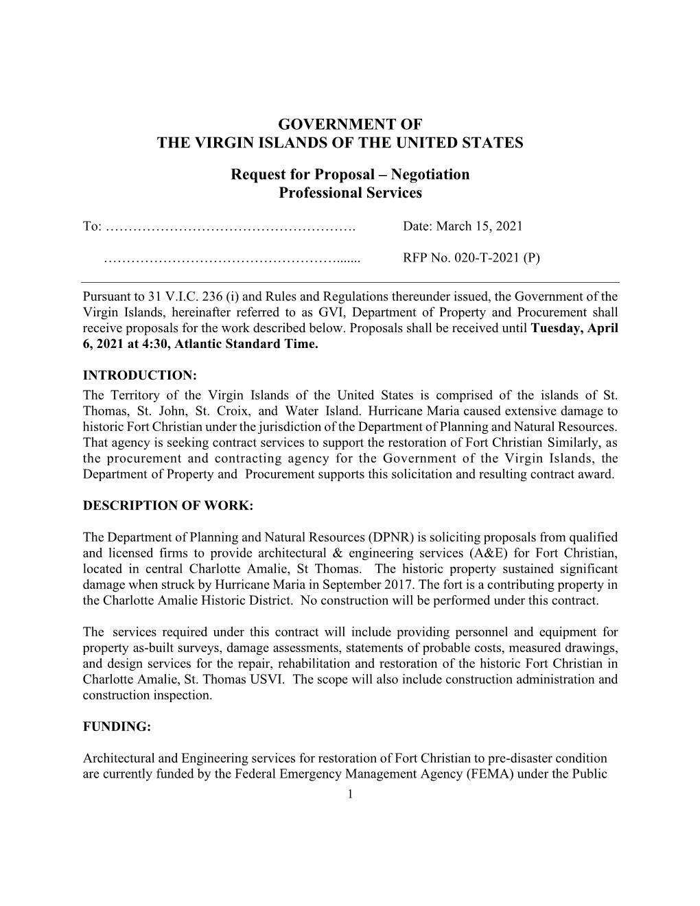 GOVERNMENT of the VIRGIN ISLANDS of the UNITED STATES Request for Proposal – Negotiation Professional Services