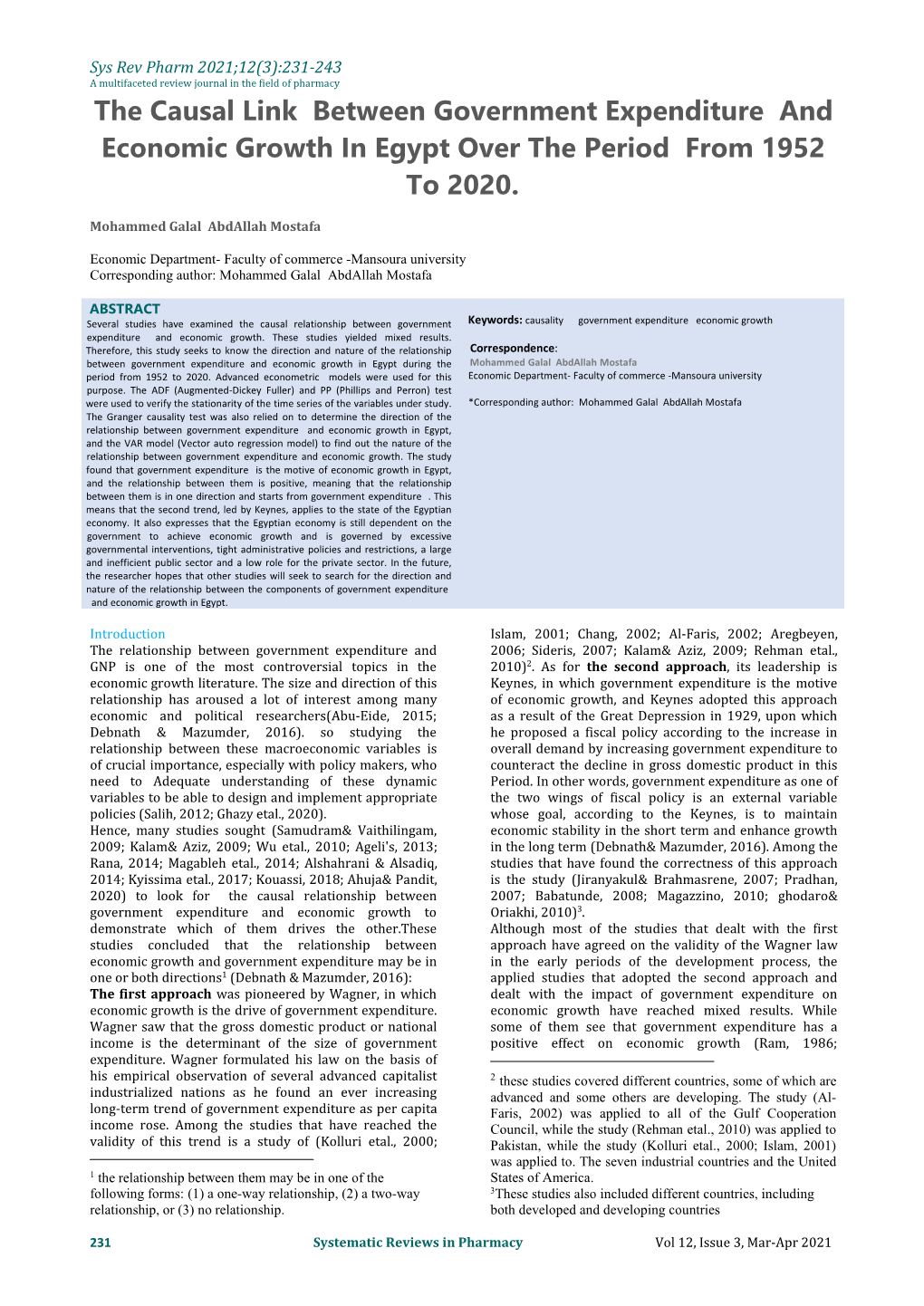 The Causal Link Between Government Expenditure and Economic Growth in Egypt Over the Period from 1952 to 2020