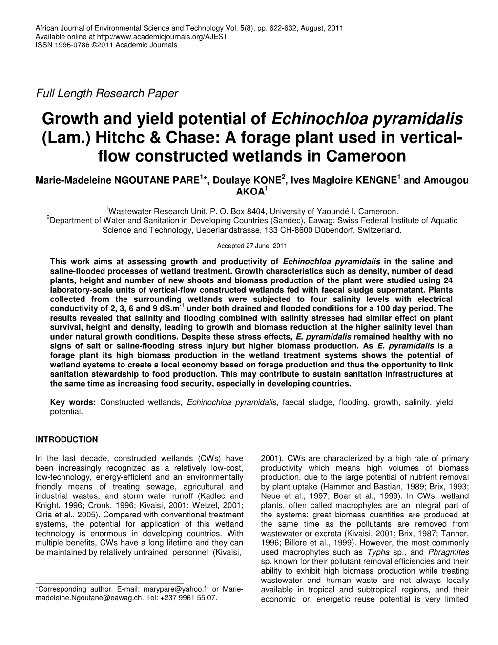 Growth and Yield Potential of Echinochloa Pyramidalis (Lam.) Hitchc & Chase: a Forage Plant Used in Vertical- Flow Constructed Wetlands in Cameroon
