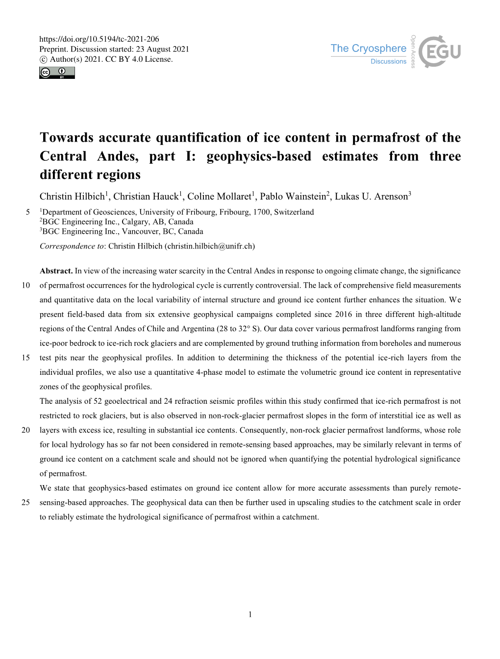 Towards Accurate Quantification of Ice Content in Permafrost of the Central Andes, Part I: Geophysics-Based Estimates from Three