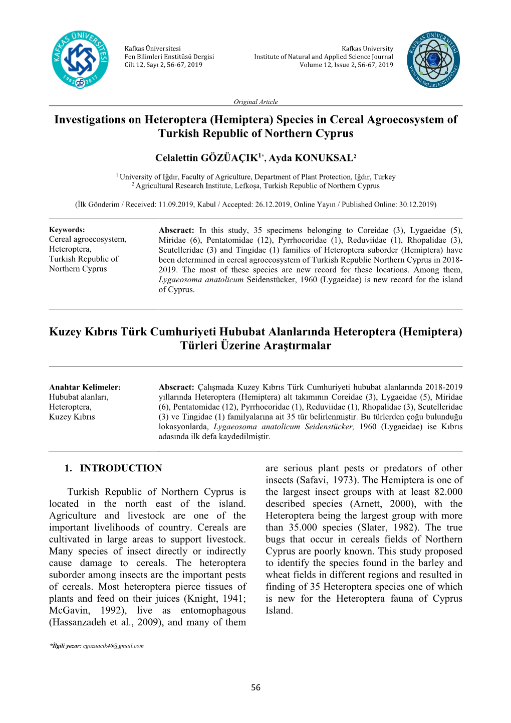 Hemiptera) Species in Cereal Agroecosystem of Turkish Republic of Northern Cyprus