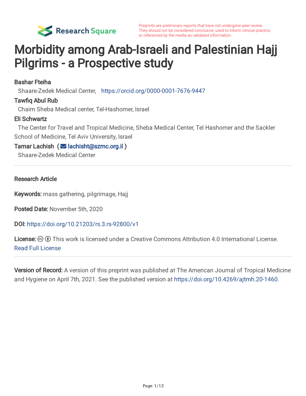 Morbidity Among Arab-Israeli and Palestinian Hajj Pilgrims - a Prospective Study