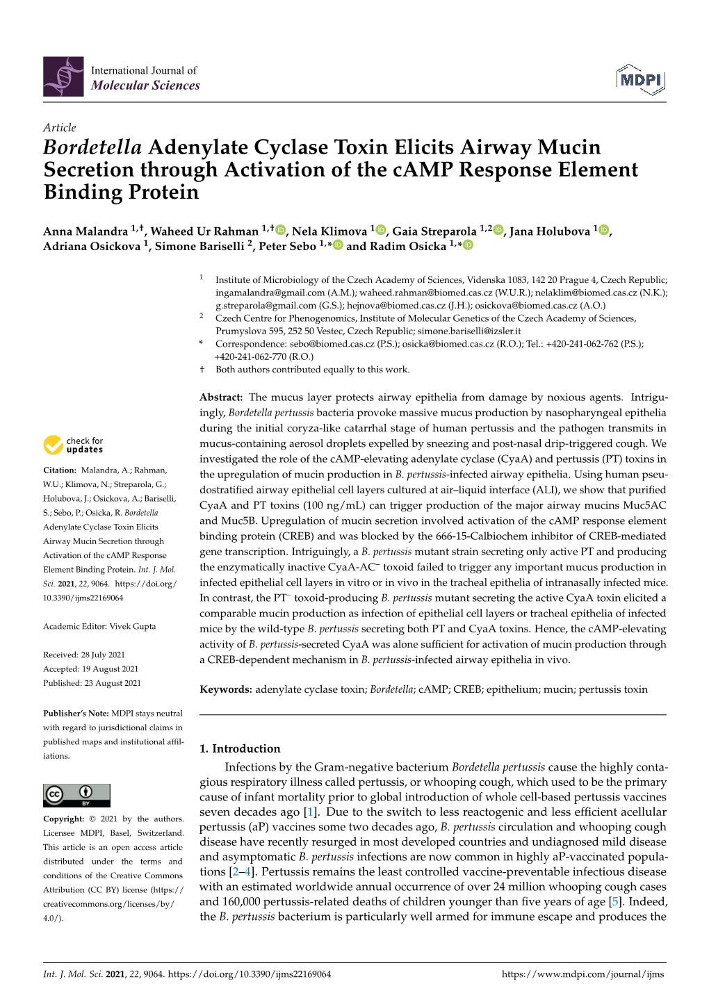 Bordetella Adenylate Cyclase Toxin Elicits Airway Mucin Secretion Through Activation of the Camp Response Element Binding Protein