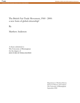 The British Fair Trade Movement, 1960 - 2000: a New Form of Global Citizenship?