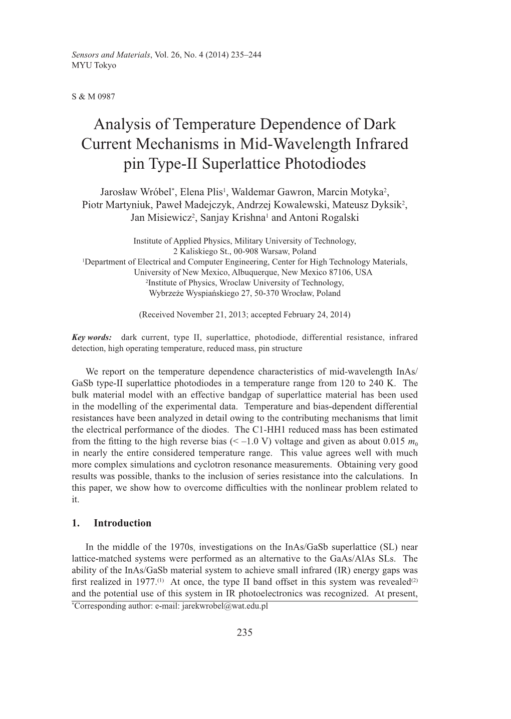 Analysis of Temperature Dependence of Dark Current Mechanisms in Mid-Wavelength Infrared Pin Type-II Superlattice Photodiodes