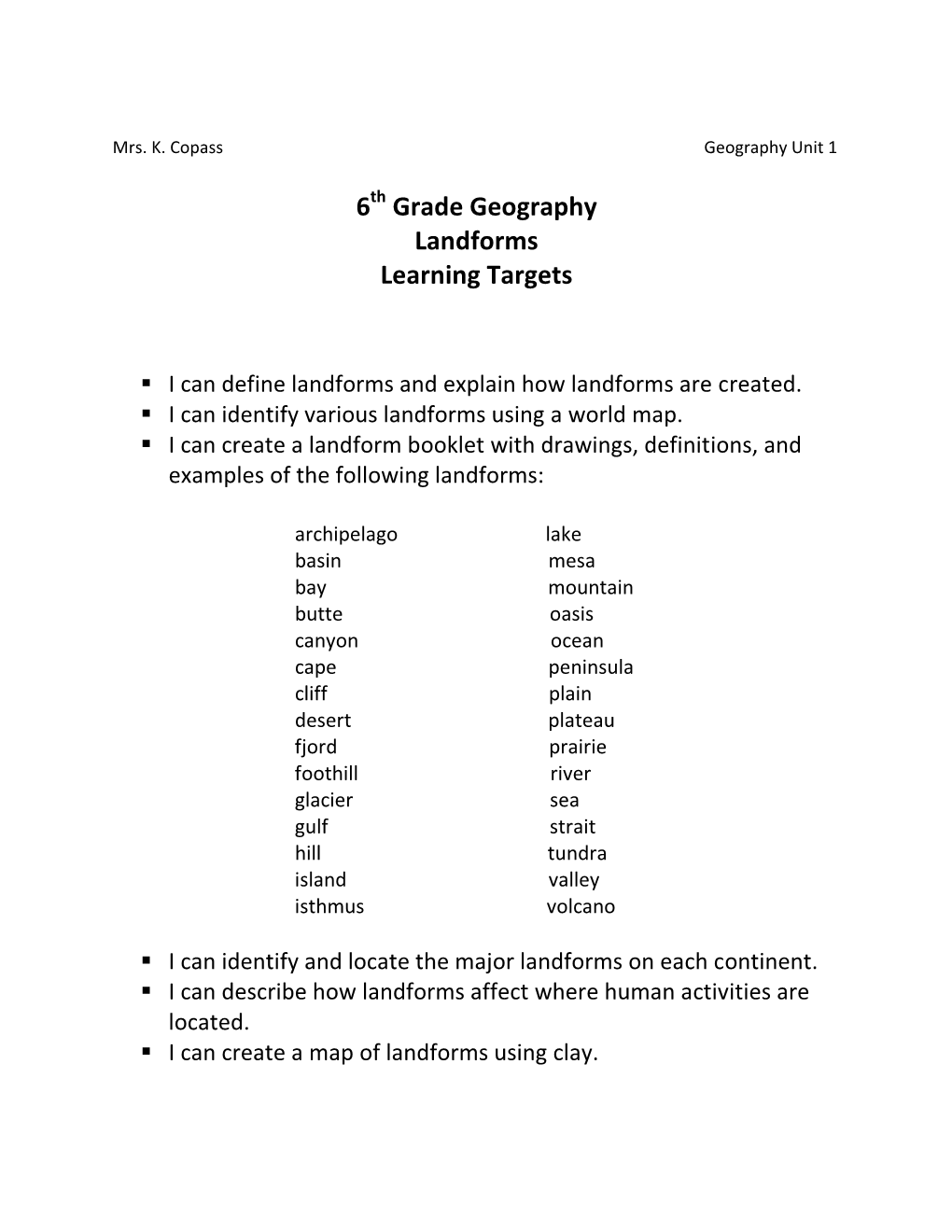 6 Grade Geography Landforms Learning Targets