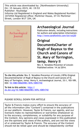 Archaeological Journal Original Documentscharter of Hugh Of