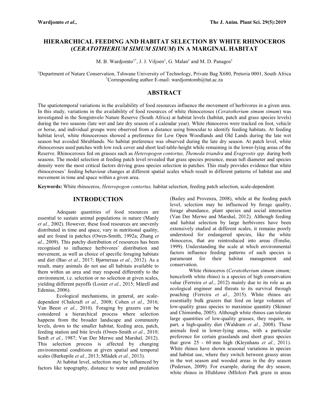 Hierarchical Feeding and Habitat Selection by White Rhinoceros (Ceratotherium Simum Simum) in a Marginal Habitat